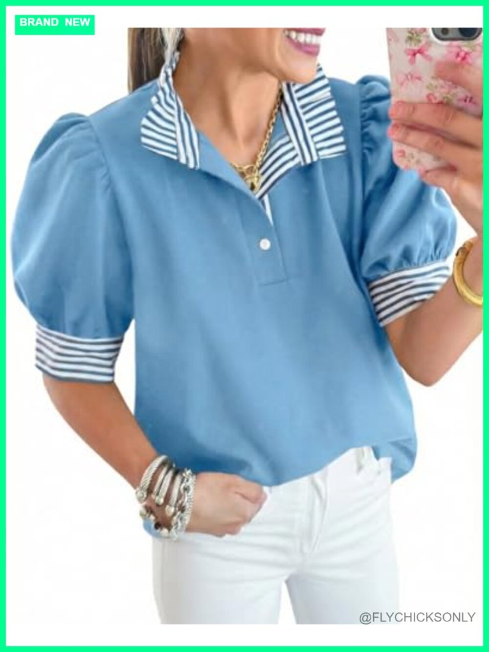 Womens V Neck Puff Sleeve Polo Top Loose Button Down Blouse